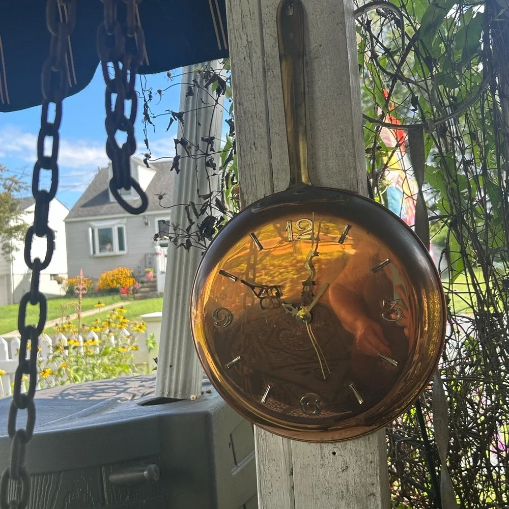 Vintage Copper Frying Pan Wall Clock with Brass Handle